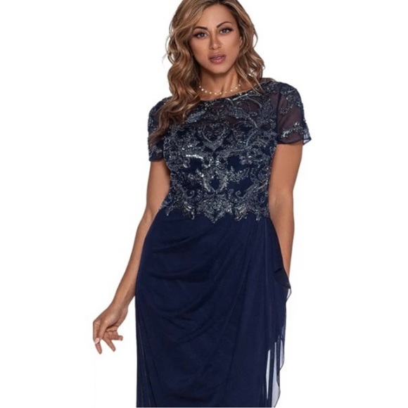 XSCAPE Long Beaded Top Sheer Matte Jersey Skirt Dress - Picture 4 of 15